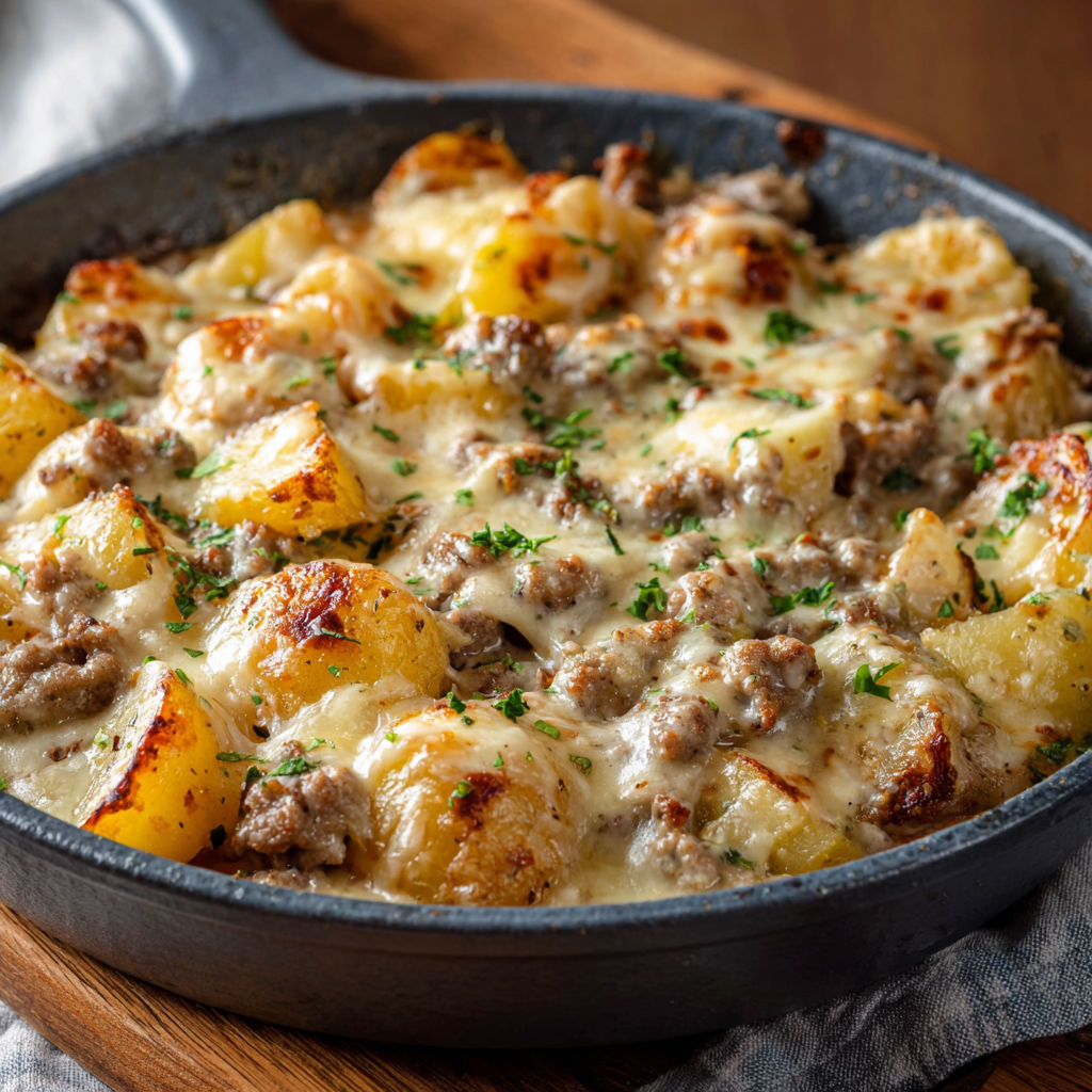 A delicious homemade cheese and sausage casserole in a black pan.
