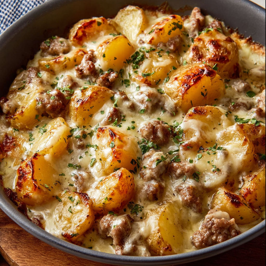 A delicious casserole dish filled with meat, potatoes, and cheese, ready to be served.