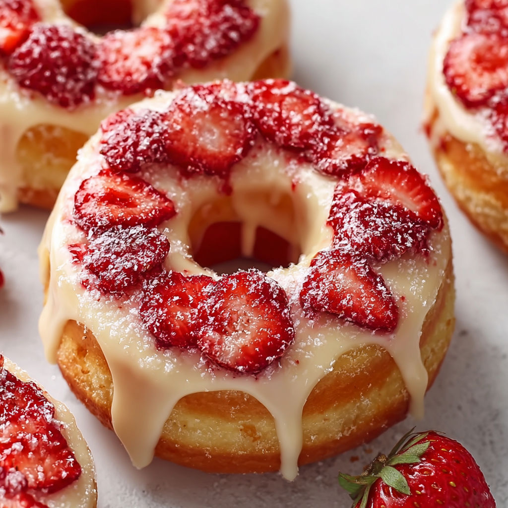 A delicious looking strawberry cheesecake donut with a drizzle of icing.