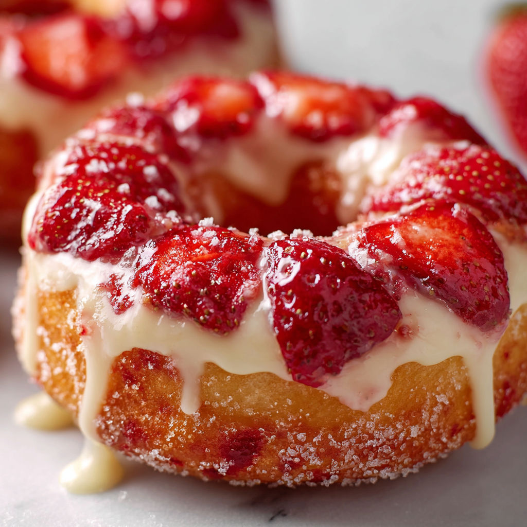 A delicious looking Strawberry Cheesecake Donut with a generous amount of whipped cream on top.