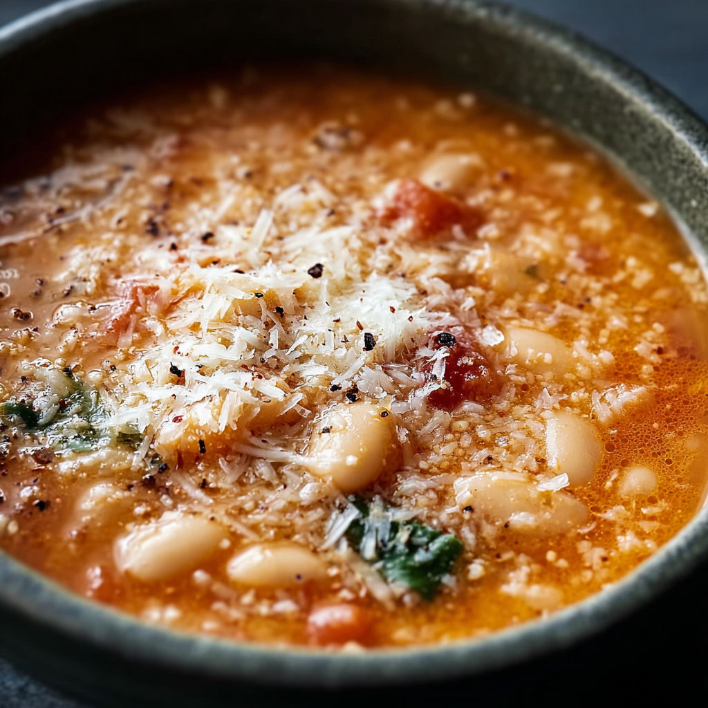 A bowl of Parmesan Tomato Cannellini Bean Soup with a generous amount of Parmesan cheese sprinkled on top.
