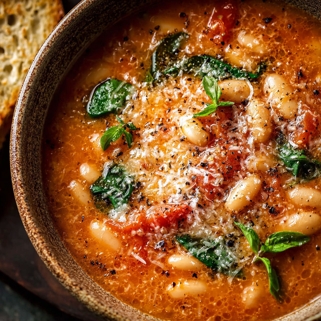 A bowl of soup with a piece of bread on top, the soup is made with beans, tomatoes, and cheese.