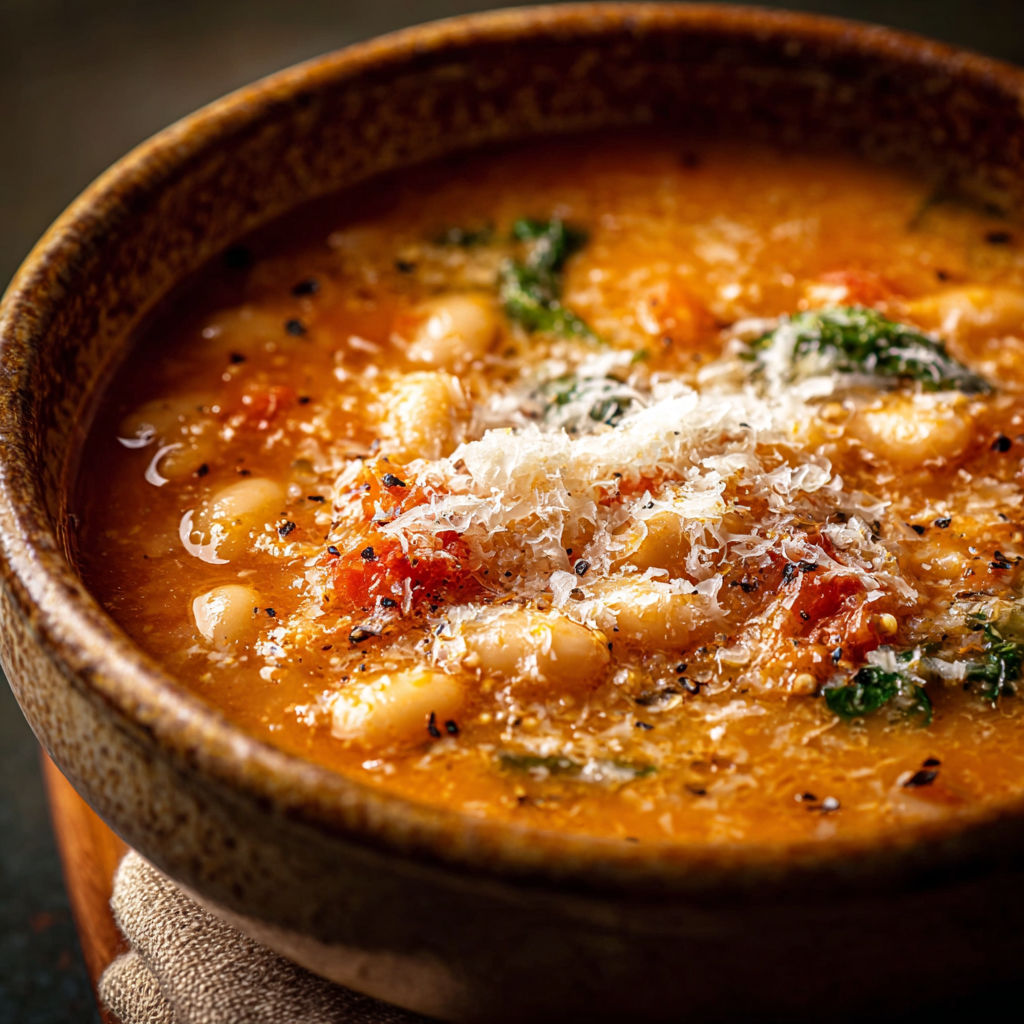 A bowl of soup with a spoon in it, the soup is made with beans, tomatoes, and cheese.