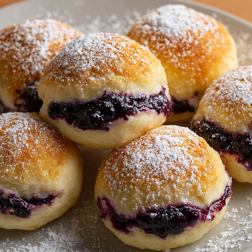 A plate of delicious blueberry pie bombs with powdered sugar on top.