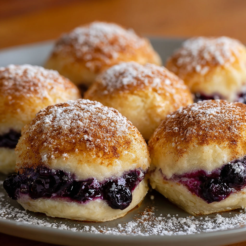 A plate of powdered sugar-covered blueberry muffins.