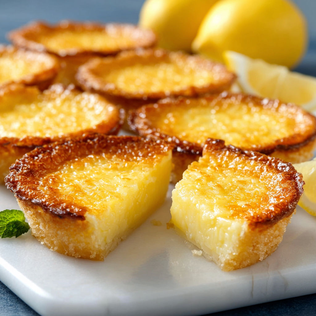 A plate of lemon squares with a slice of lemon on top.