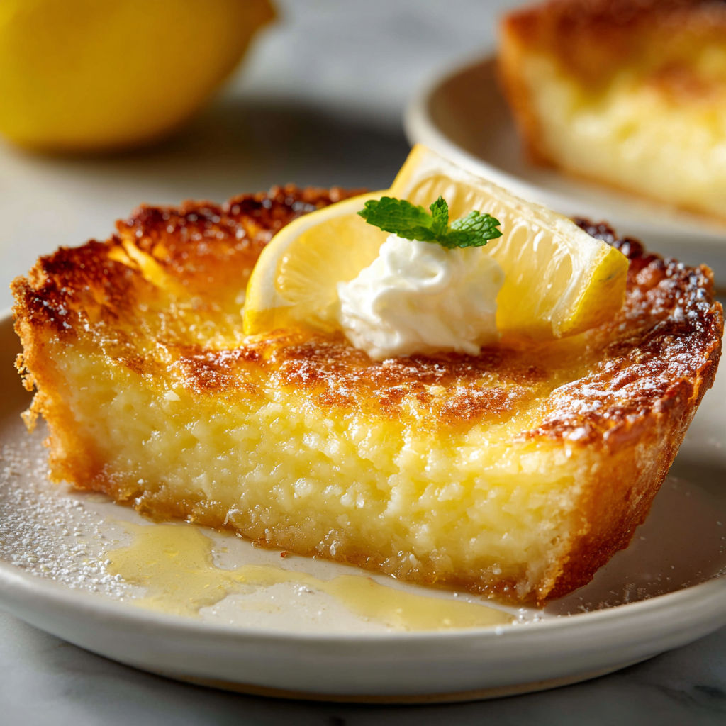 A slice of lemon cake with a dollop of whipped cream on top.