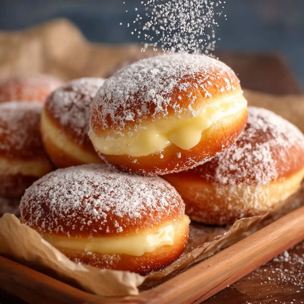 A plate of powdered sugar donuts with a sprinkle of powdered sugar on top.