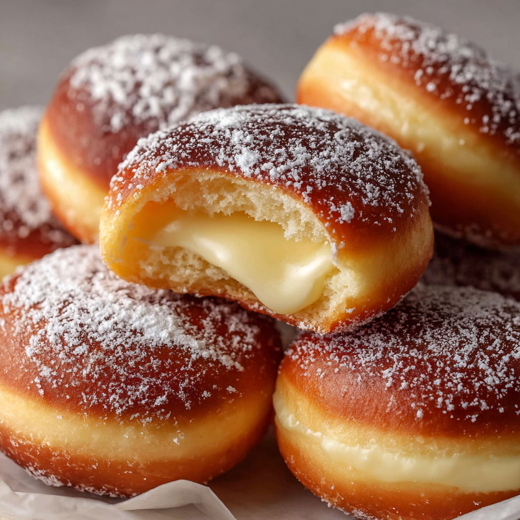 A plate of doughnuts with powdered sugar on top.