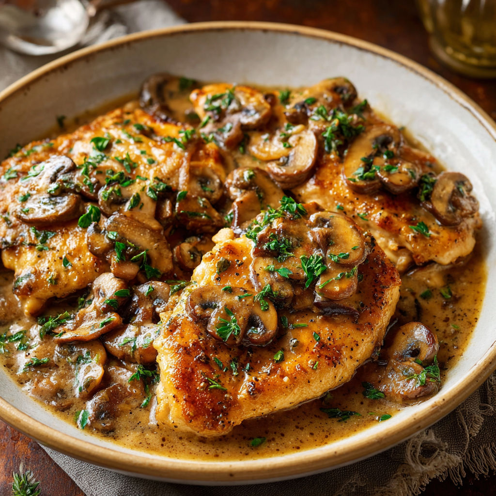 A delicious meal of chicken Marsala with mushrooms and herbs, served in a bowl.