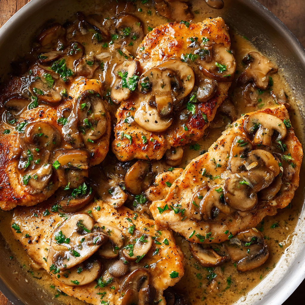 A delicious chicken Marsala dish, cooked in a pan with mushrooms and herbs, is served on a plate.