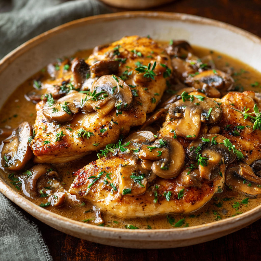 A delicious chicken Marsala dish is served in a bowl, topped with mushrooms and herbs.