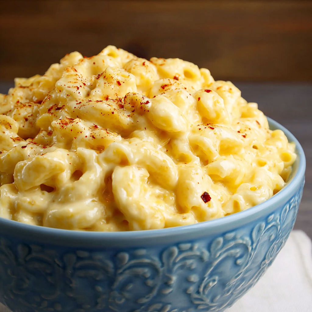 A bowl of creamy mac and cheese with a sprinkle of paprika on top.
