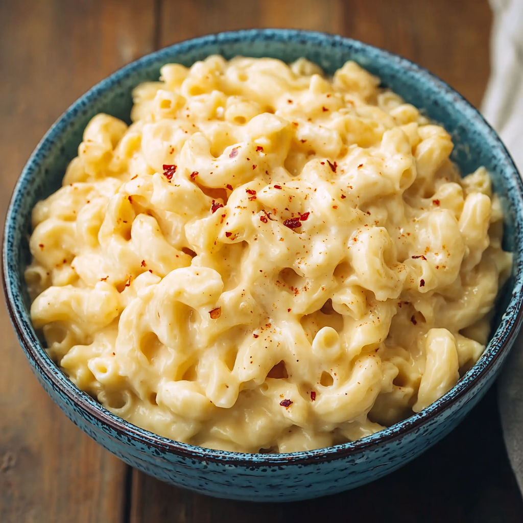 A bowl of macaroni and cheese with red pepper flakes on top.