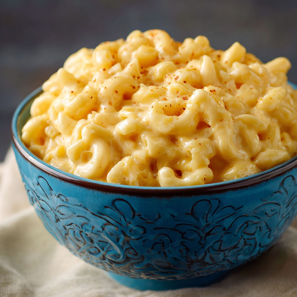 A bowl of macaroni and cheese with a sprinkle of paprika on top.