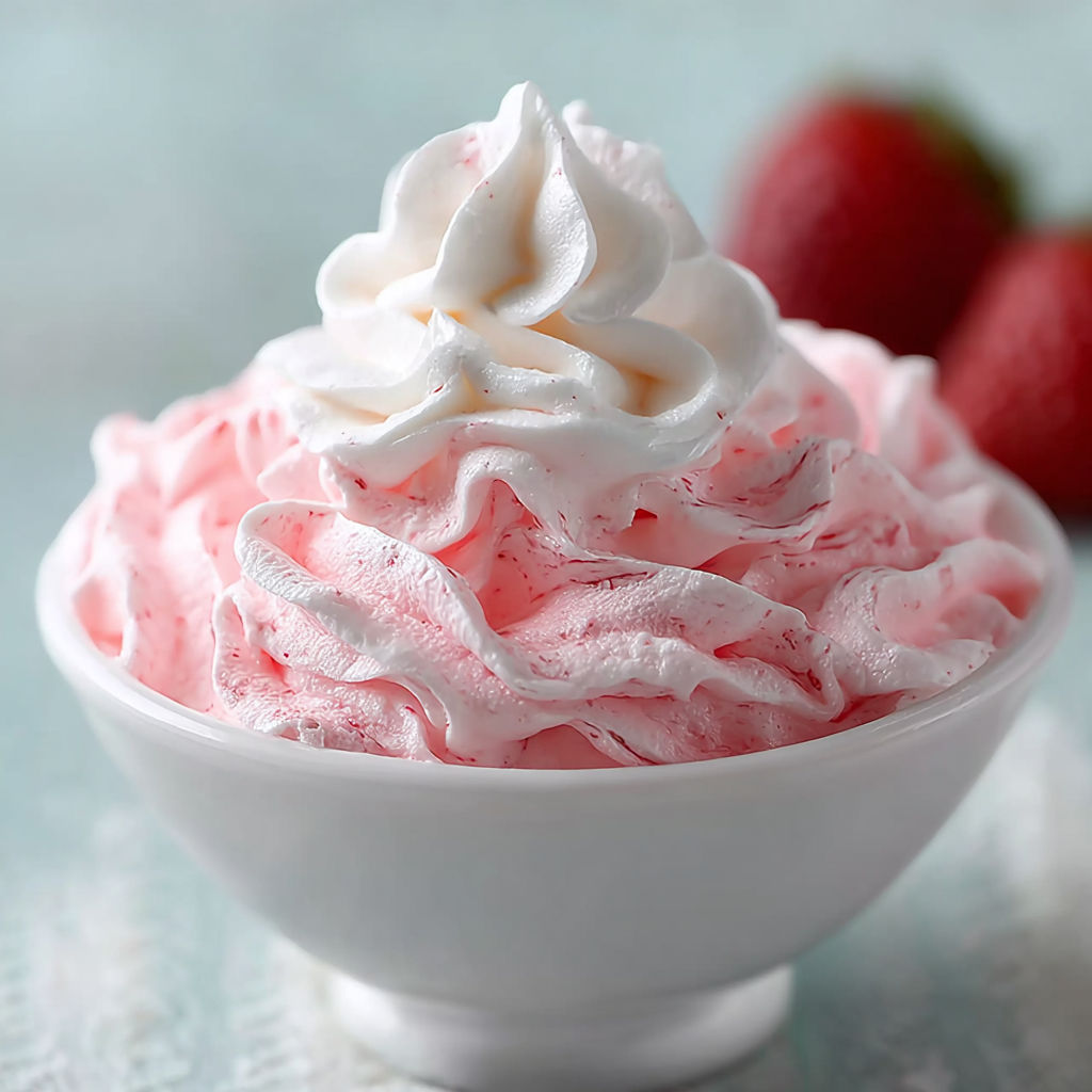 A bowl of Jello Whipped Cream Dessert with a strawberry on top.