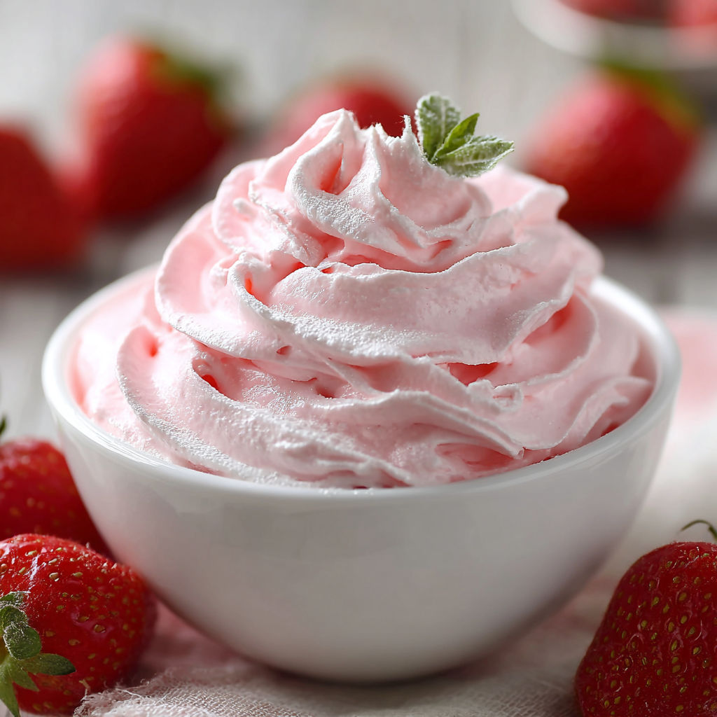 A bowl of Jello Whipped Cream Dessert with strawberries on the side.