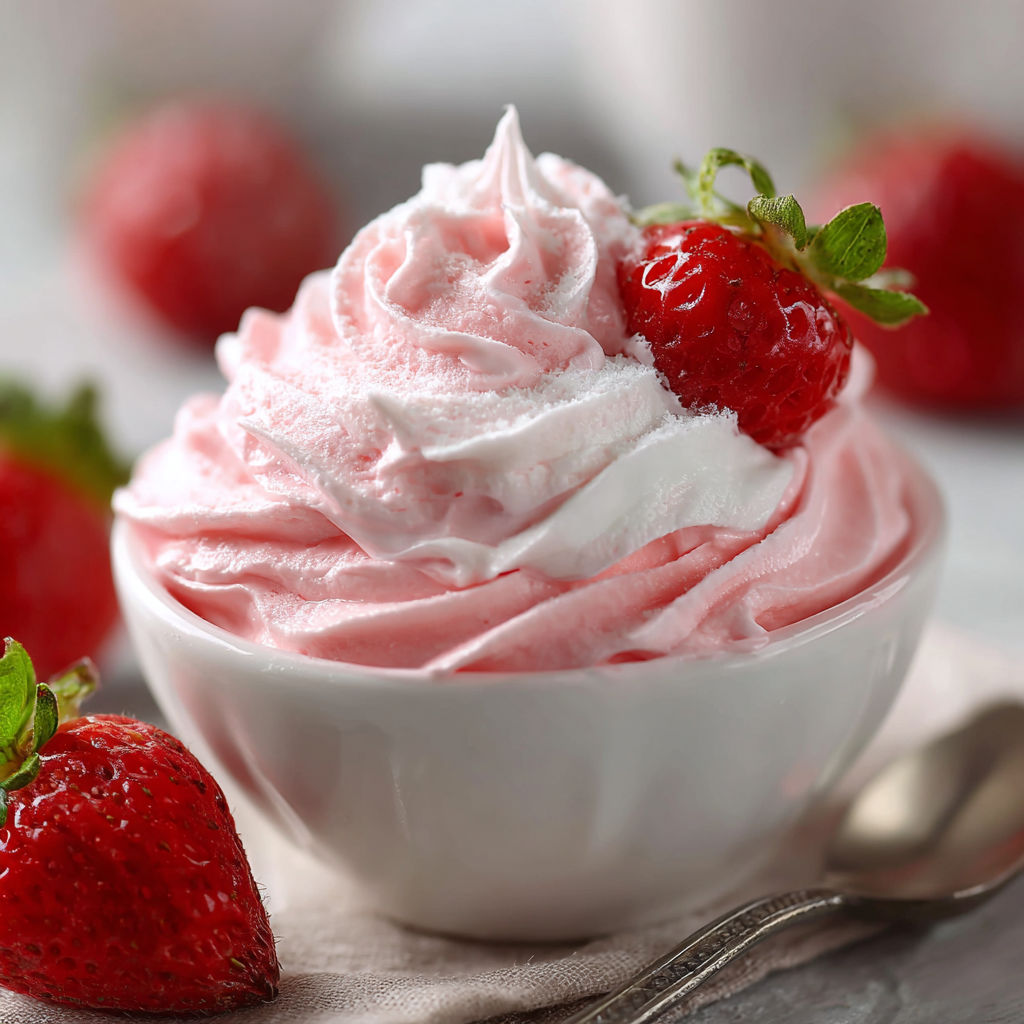 A bowl of Jello Whipped Cream Dessert with strawberries on top.
