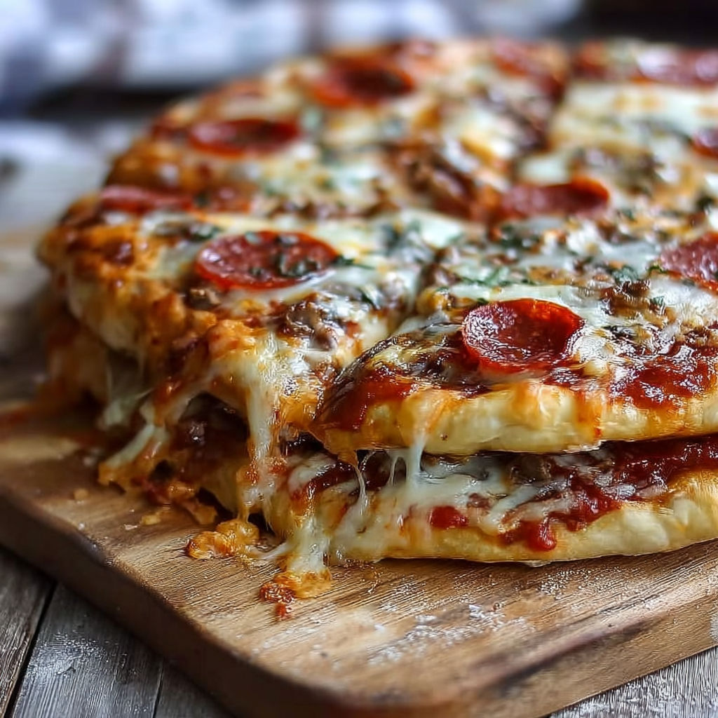 A pizza with pepperoni and cheese on a wooden cutting board.