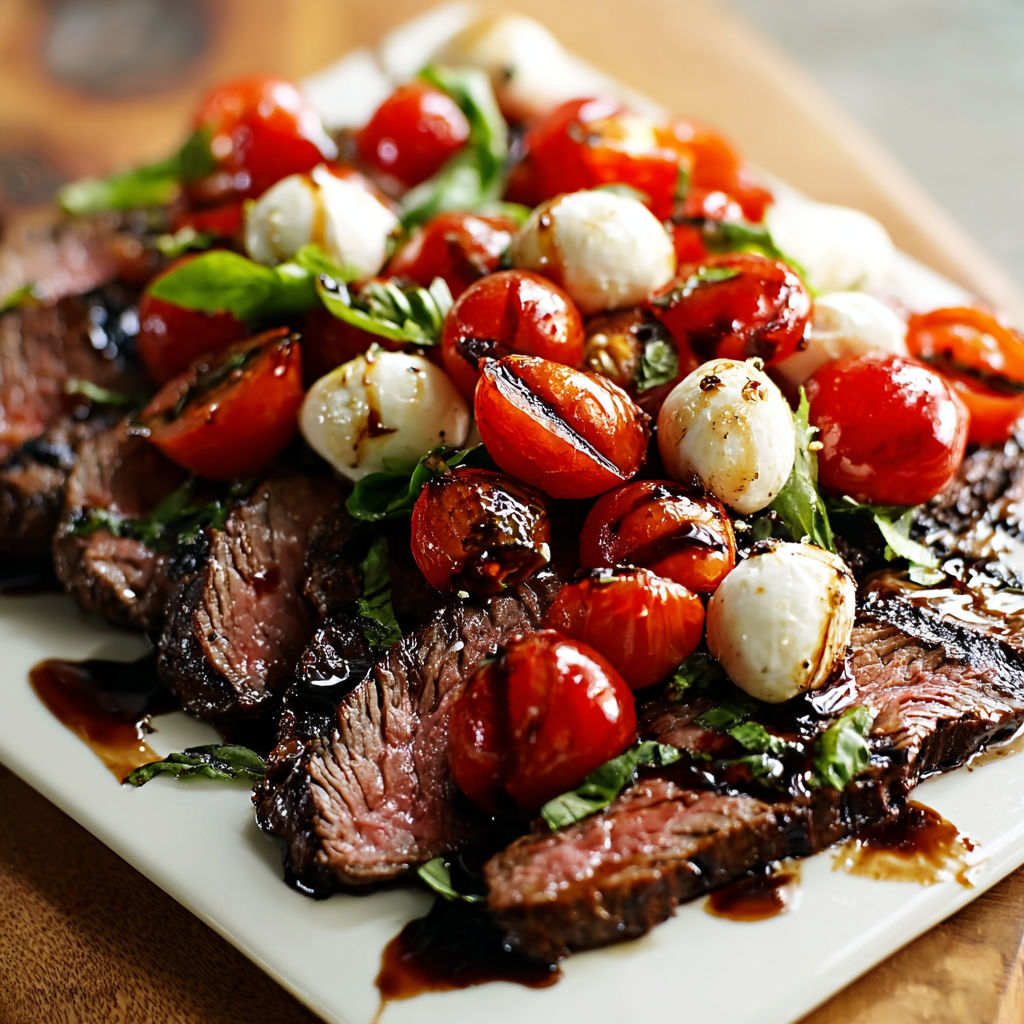 A plate of grilled steak caprese with balsamic reduction, featuring tomatoes, mozzarella, and basil.