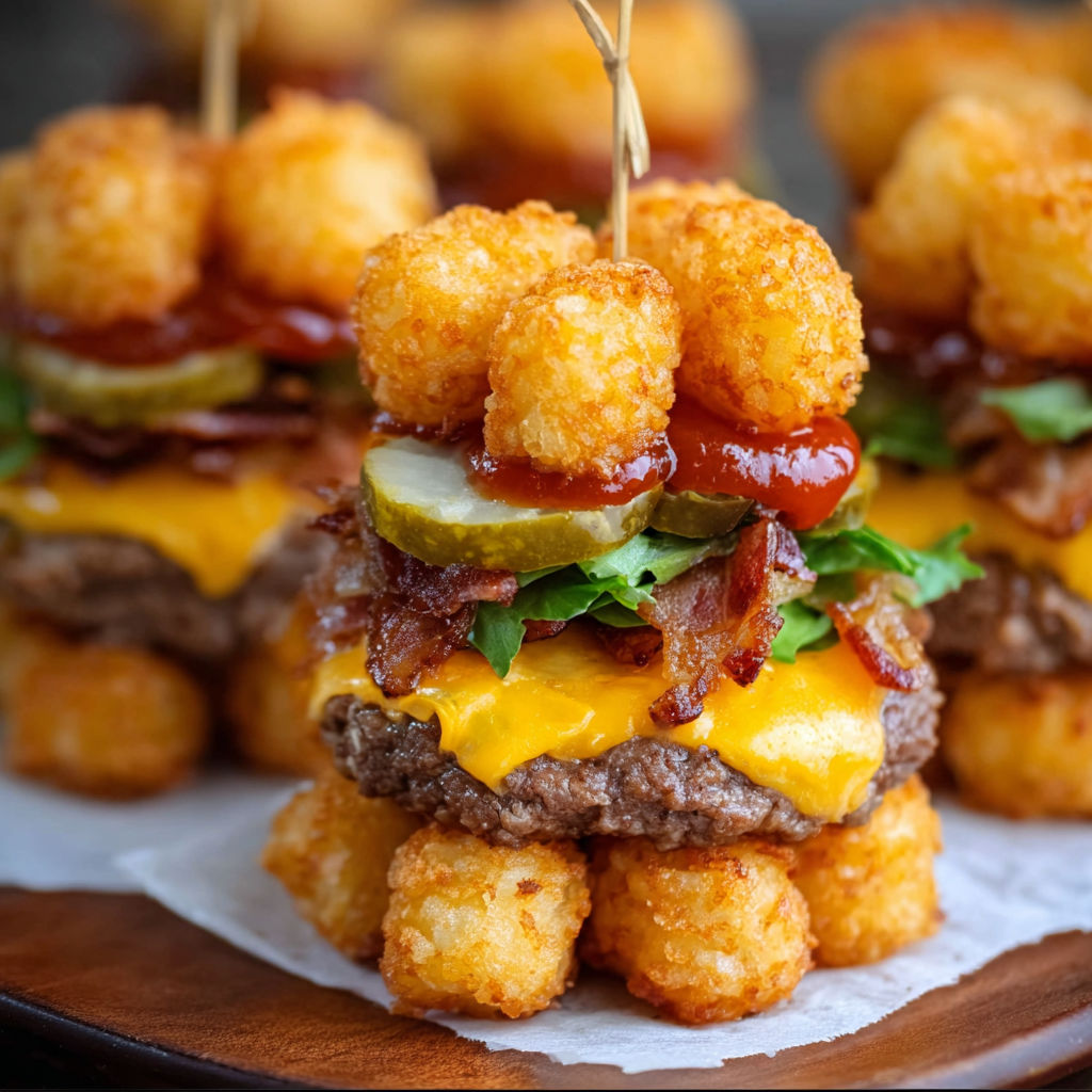 A delicious bacon and cheese burger with a side of tater tots.