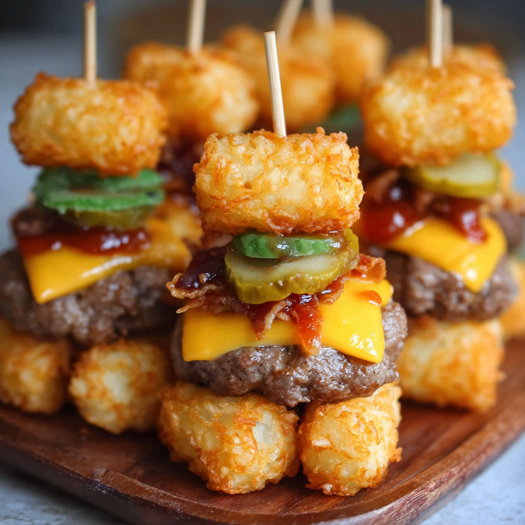 A stack of hamburgers with bacon and cheese on top.