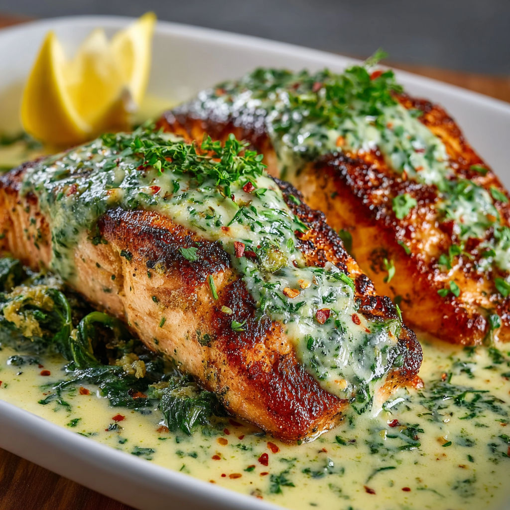 A dish of baked salmon with spinach sauce, served on a white plate.