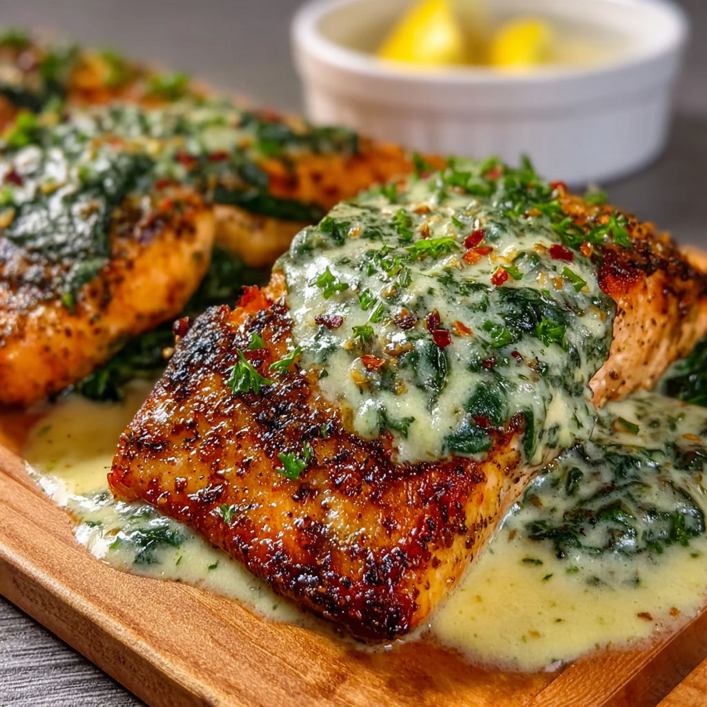 A delicious meal of grilled salmon with a creamy sauce and a side of lemon wedges.