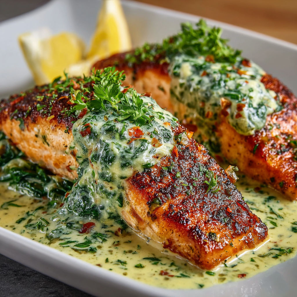A plate of fish with a white sauce and a lemon wedge on the side.