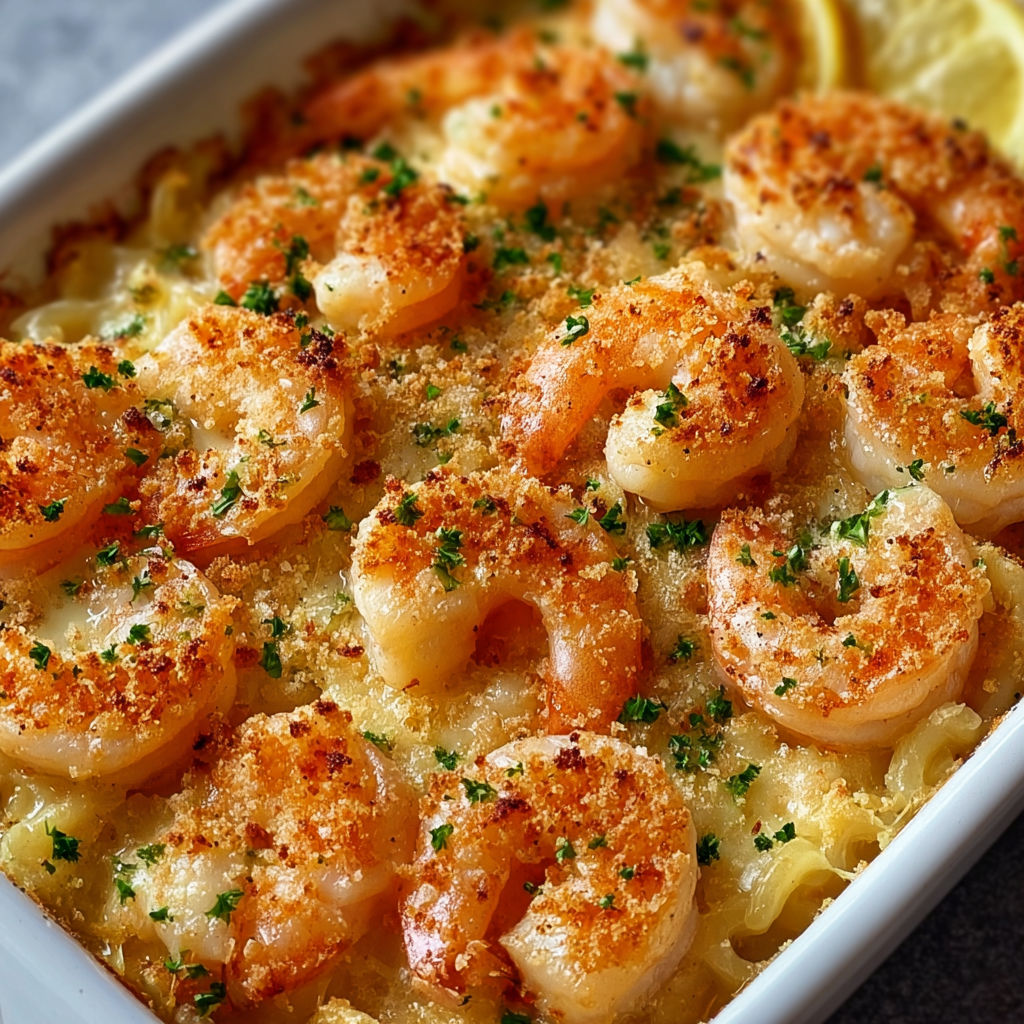 A dish of shrimp and cheese covered in breadcrumbs.
