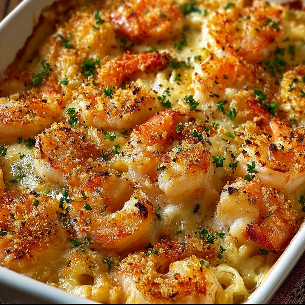 A delicious seafood dish with shrimp, cheese, and a creamy sauce, served in a white bowl.