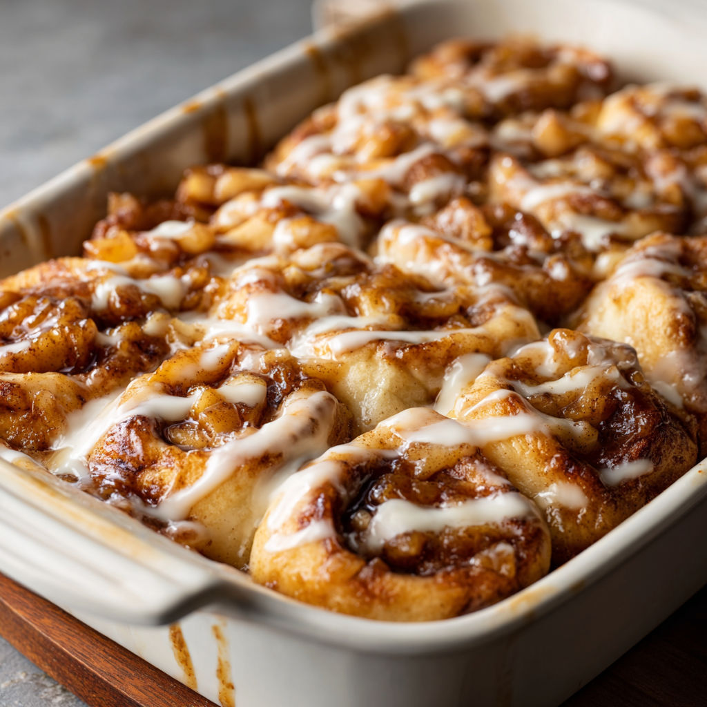 A pan of cinnamon rolls with white frosting and drizzled with caramel.