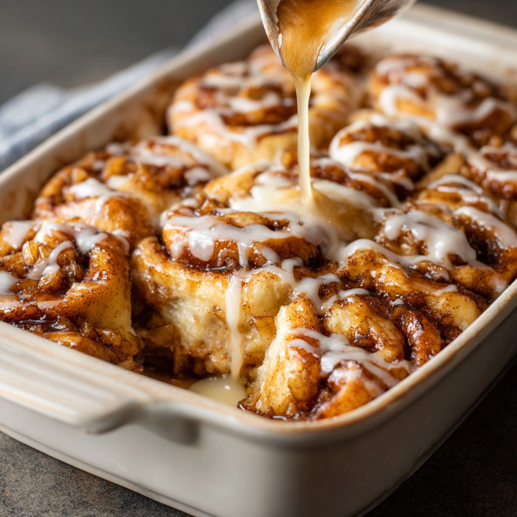A delicious dessert, such as a cinnamon roll, is being prepared in a white bowl.