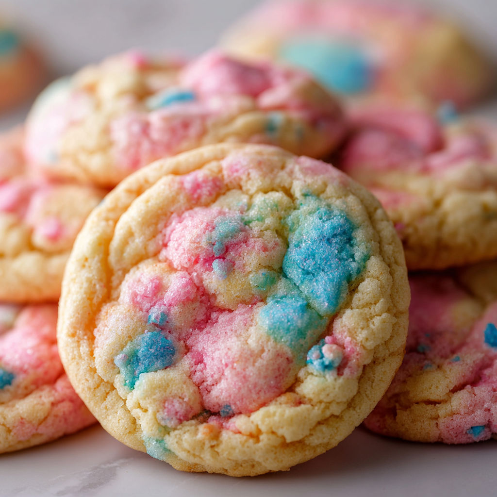 A close up of a colorful cookie with rainbow sprinkles on a white plate.