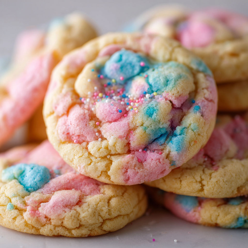 A stack of colorful cookies with sprinkles on top.
