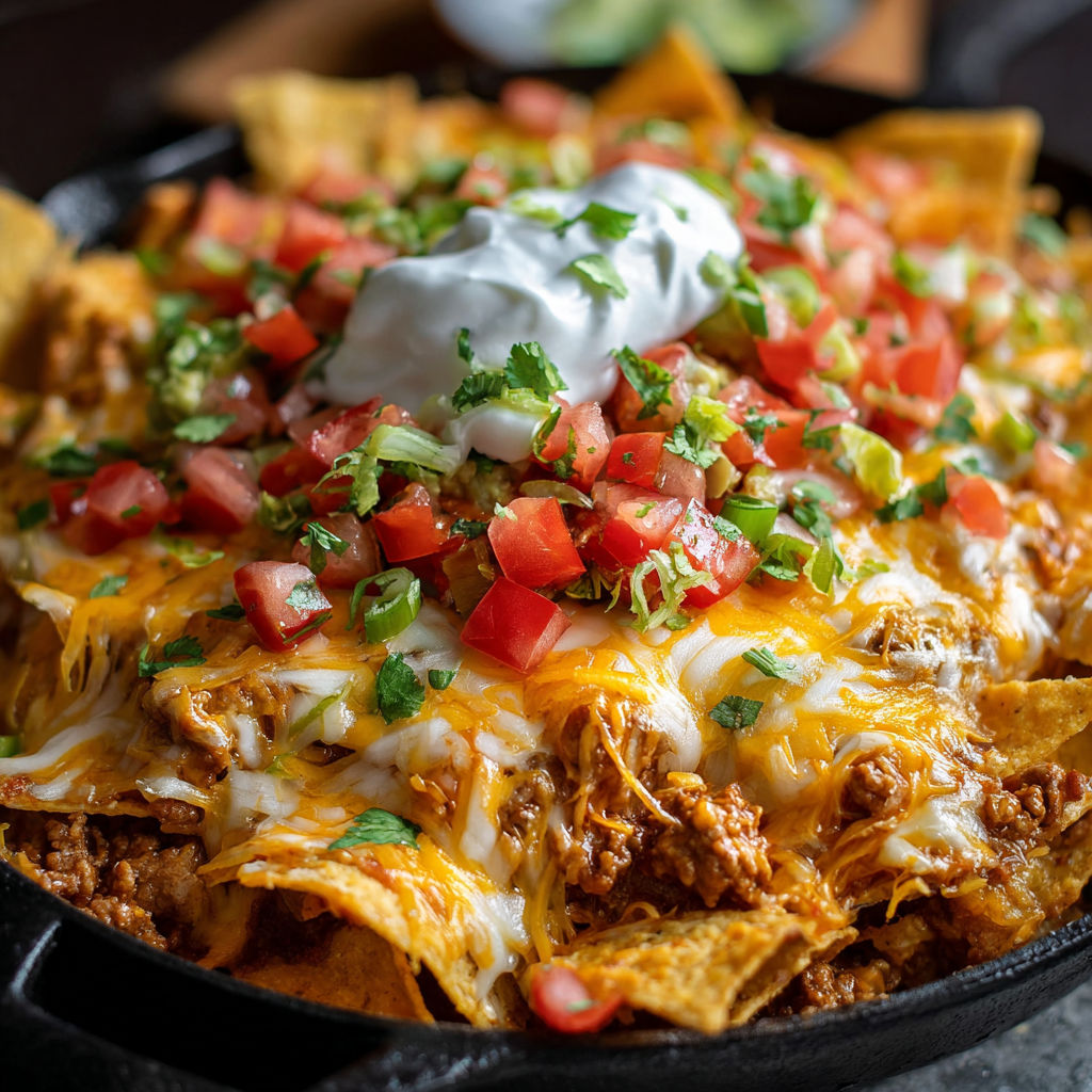 A delicious Mexican White Trash Casserole is served in a black skillet, topped with cheese, tomatoes, and sour cream.