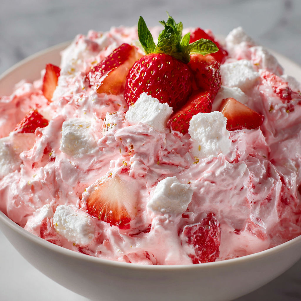 A bowl of pink dessert with strawberries and whipped cream.