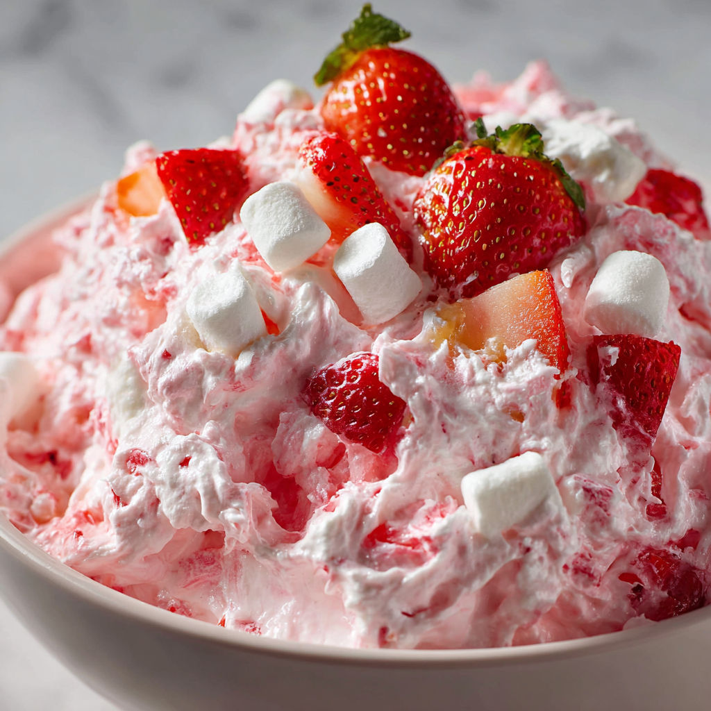 A bowl of pink dessert with strawberries and whipped cream.