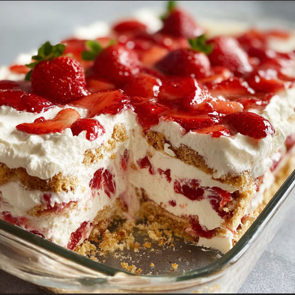 A slice of Strawberry Cream Cheese Icebox Cake is displayed on a plate.