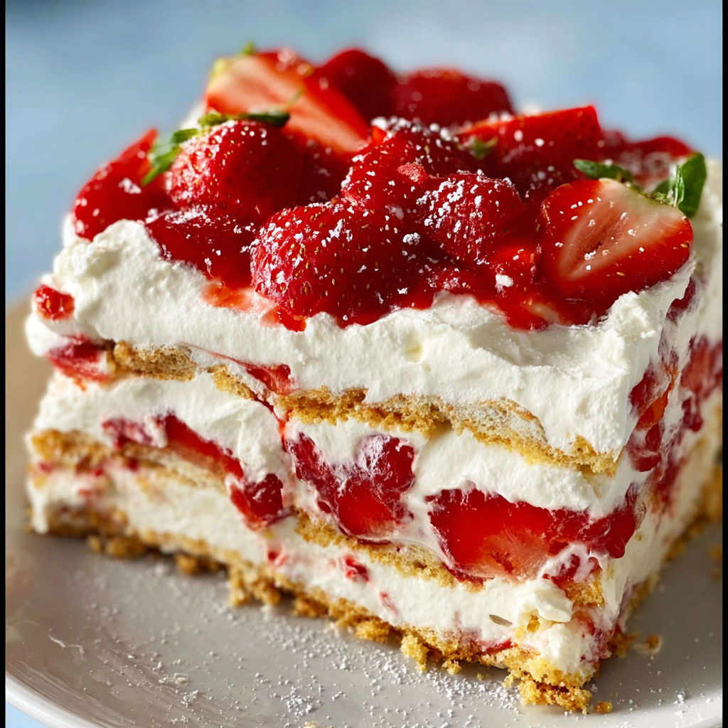 A slice of strawberry cheesecake with white whipped cream on top.