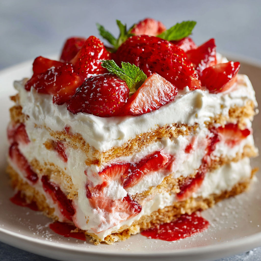 A slice of strawberry cheesecake with white whipped cream and strawberries on top.