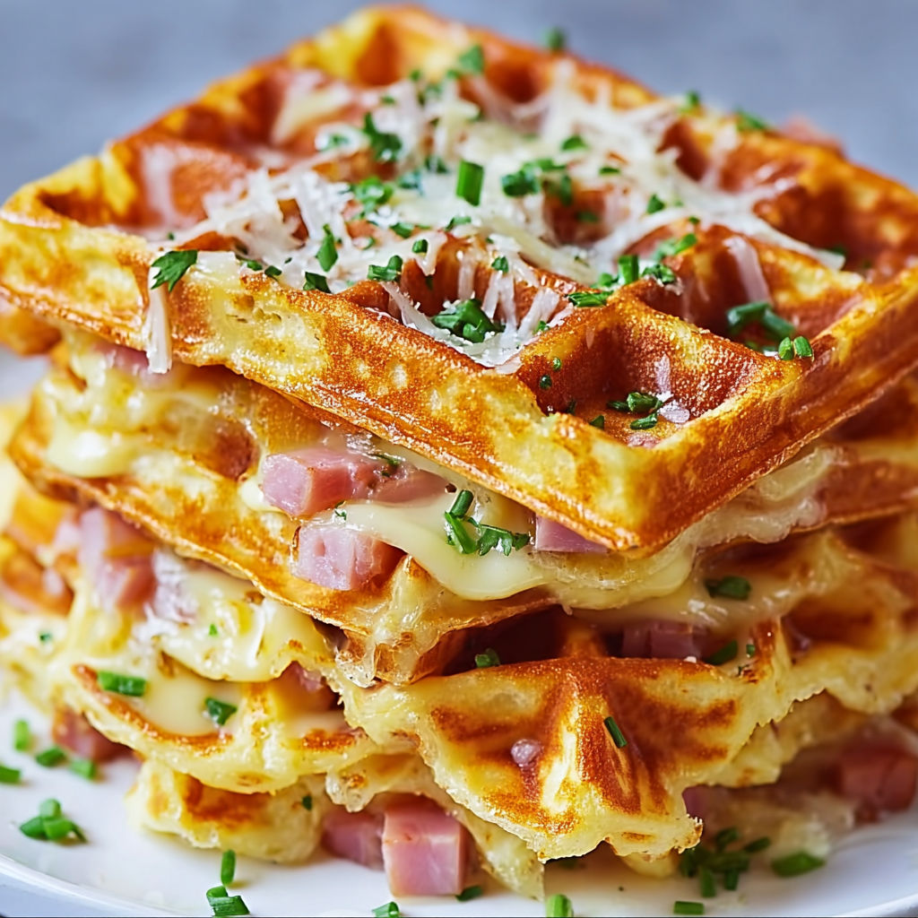 A stack of waffles with cheese and ham on top.