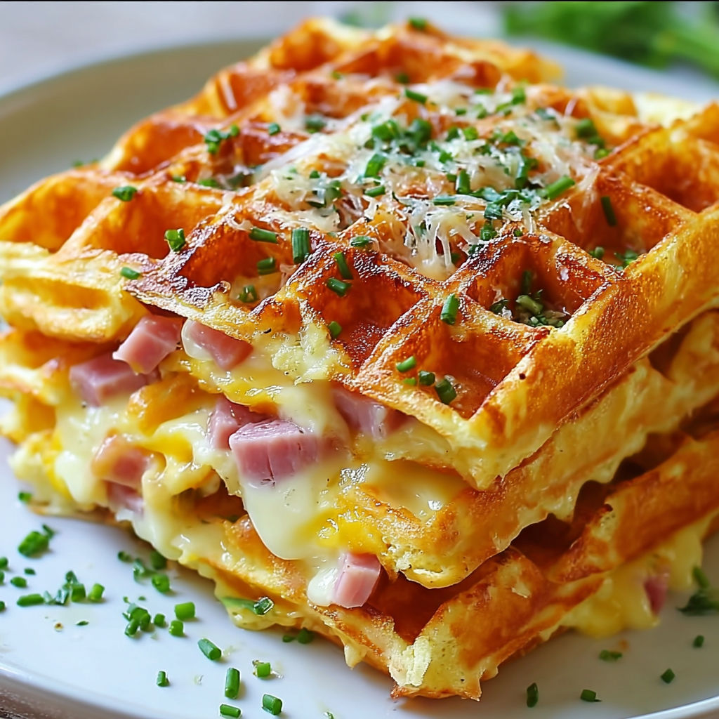A waffle stacked with cheese and ham, topped with a sprig of parsley.