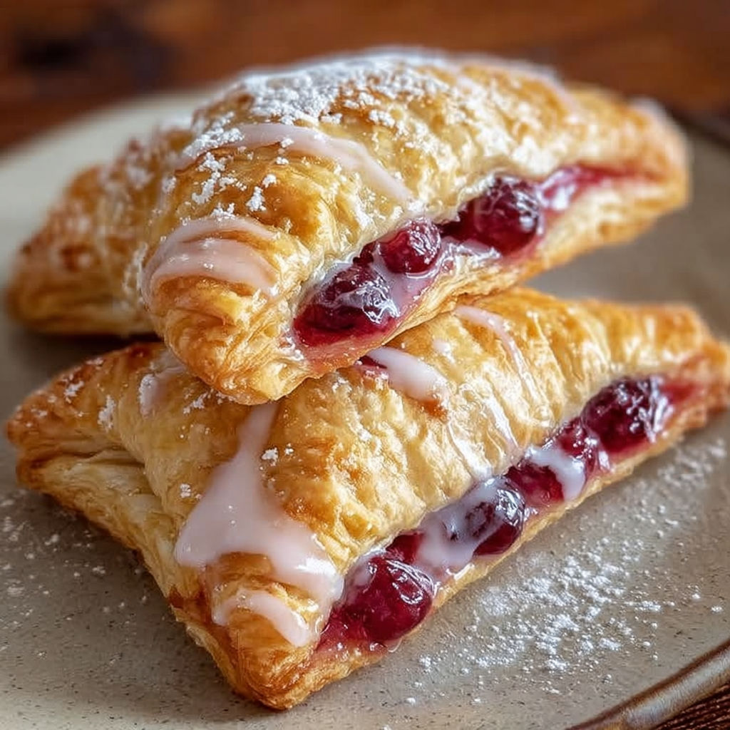 Two homemade cherry turnovers with powdered sugar on a plate.
