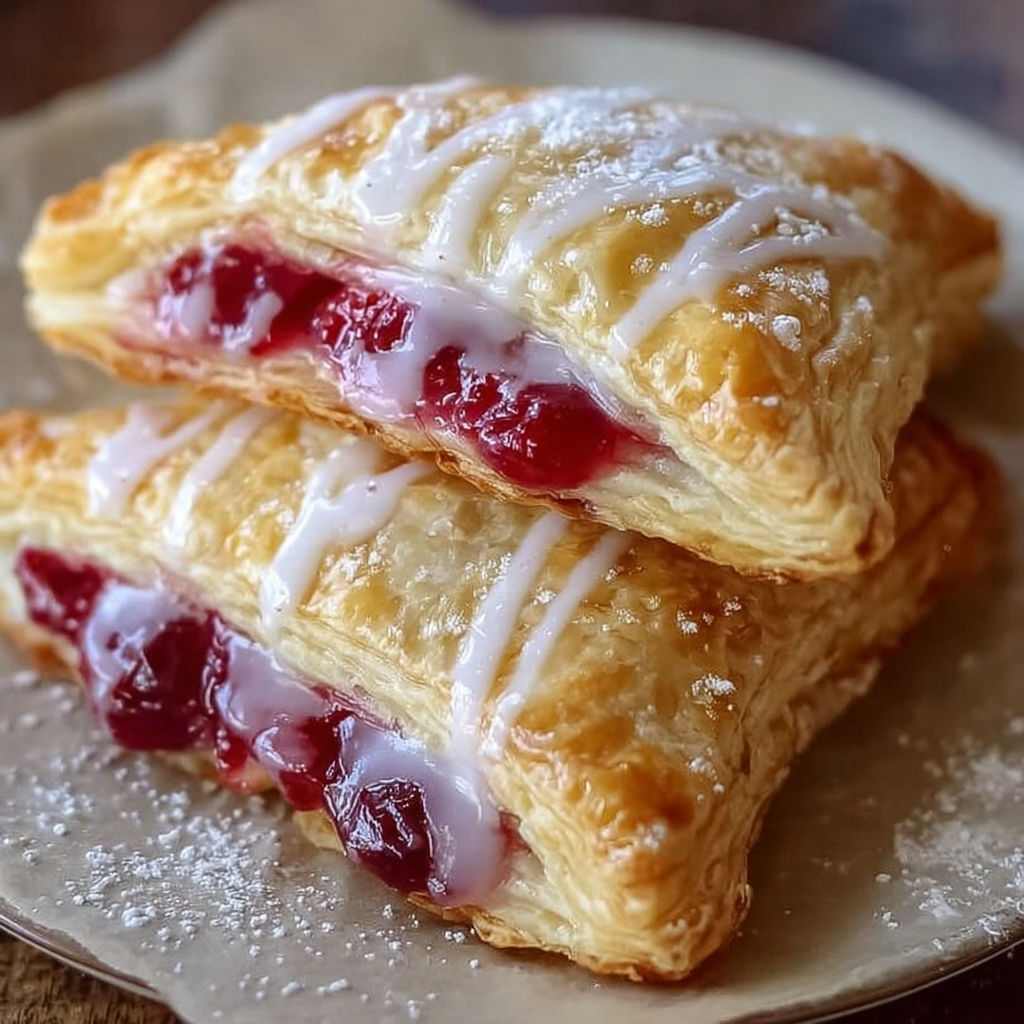 A plate of two pastries with white icing and red berries on top.