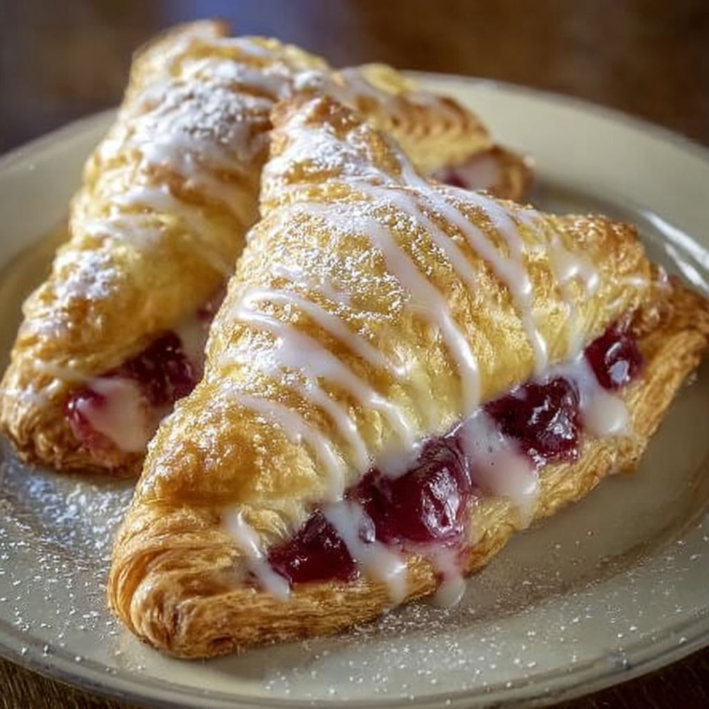 A plate with two pastries, one with a white icing and the other with a white icing and red berries.