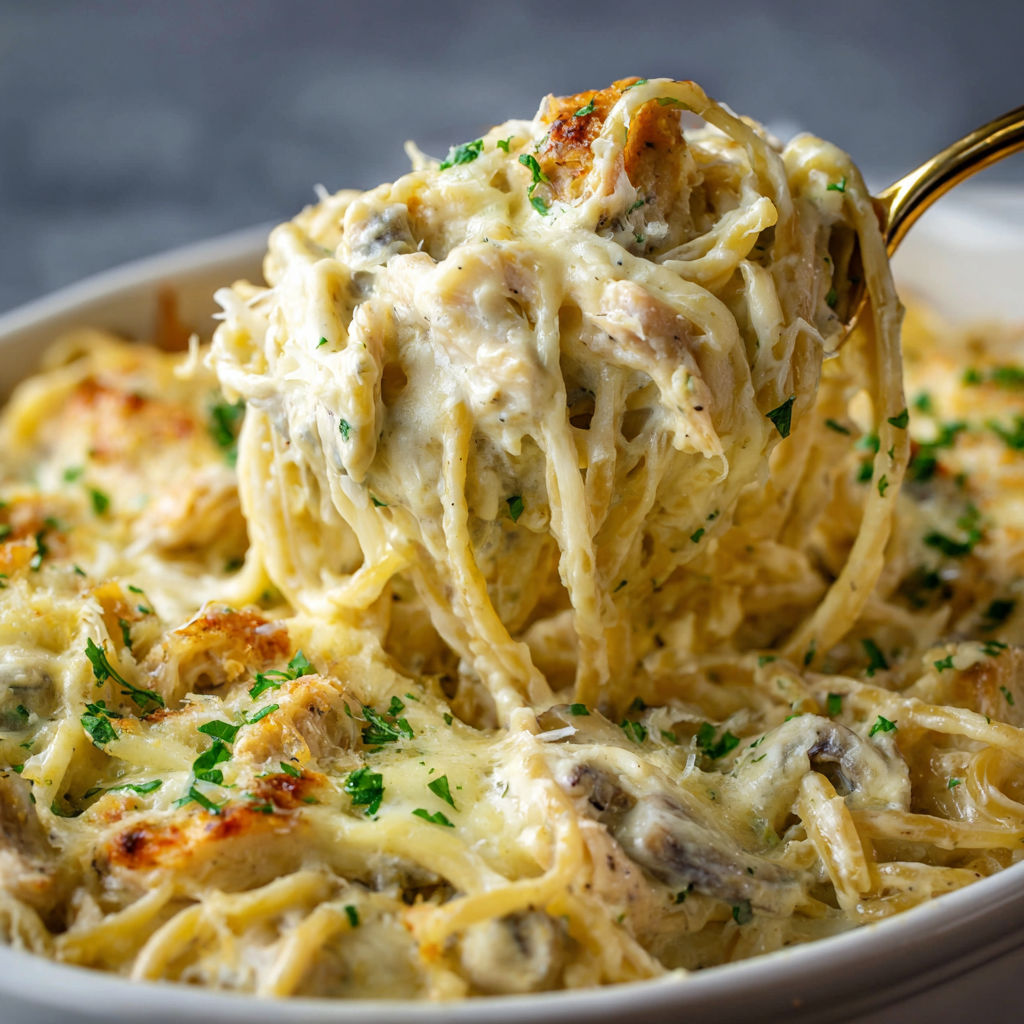 A delicious Easy Chicken Tetrazzini dish is served in a bowl.