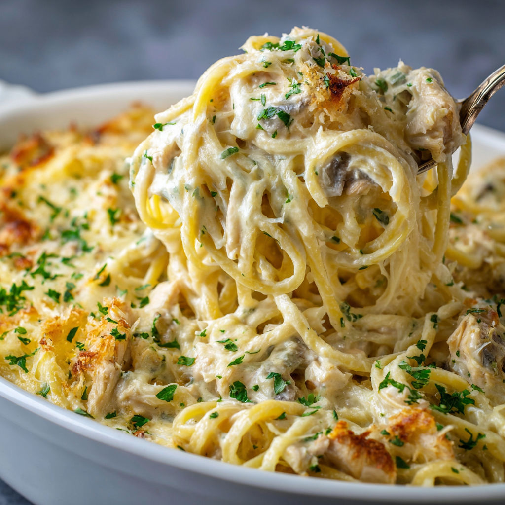 A bowl of pasta with chicken and cheese, served in a white bowl.