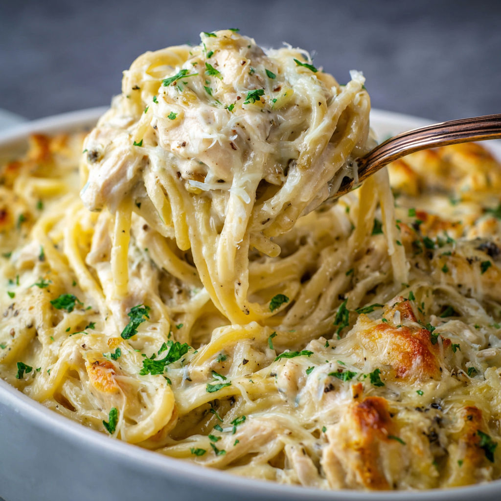 A bowl of pasta with chicken and cheese, ready to be eaten.