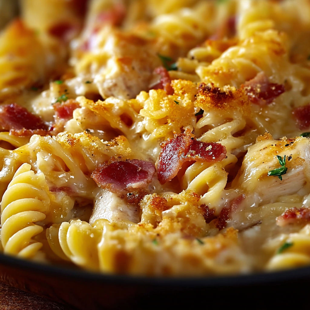 A delicious pasta dish with bacon and chicken, topped with cheese and herbs.